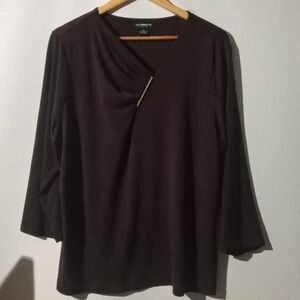 Liz Claiborne Women's XXL Dark Brown Drape Neck Blouse Long Sleeve Silver Bar